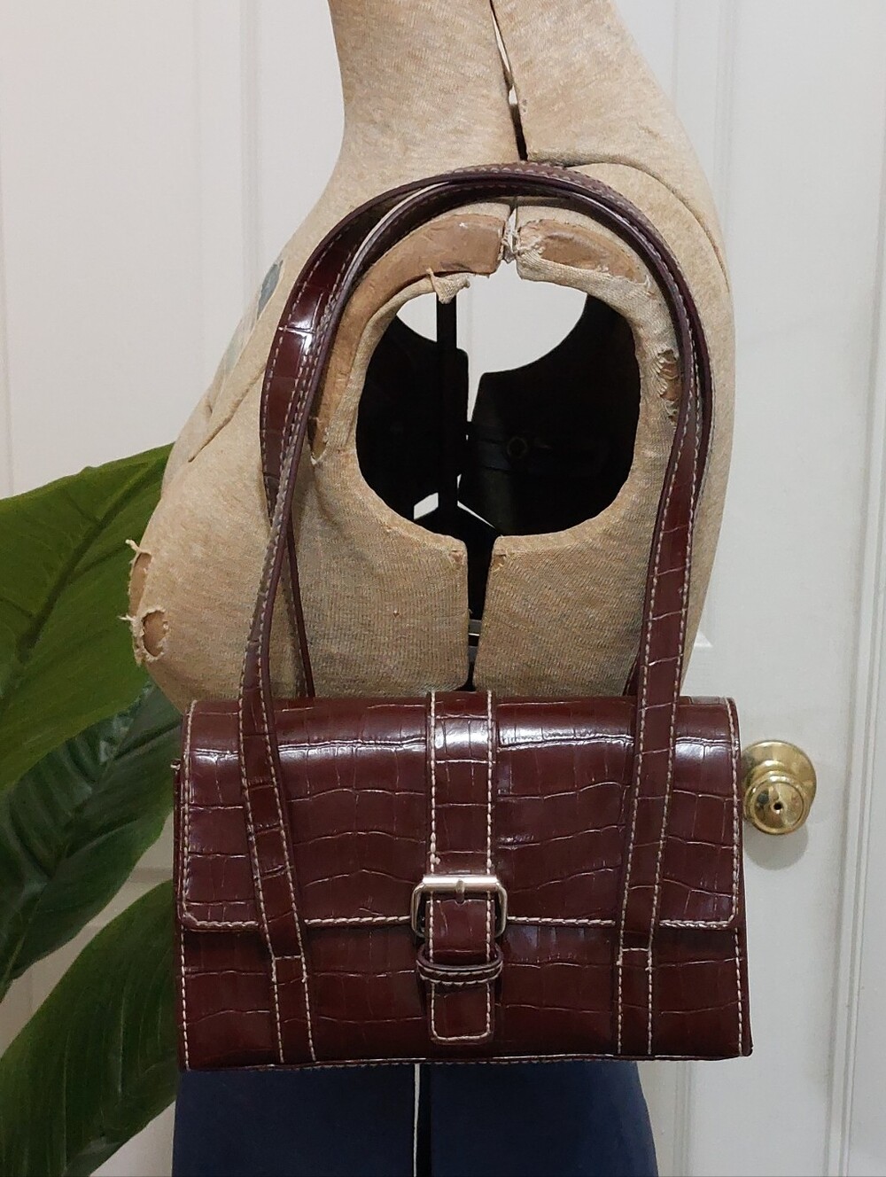 villager Croc-Embossed Dark Brown Shoulder Bag with Buckle